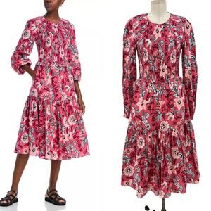 Banjanan Mortiz Dress Midi Smocked‎ Floral Print Cotton Pink Size Small